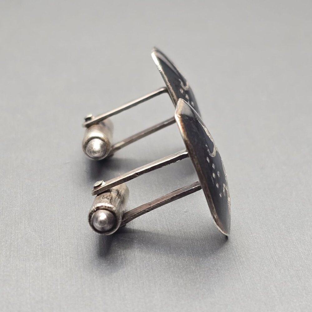 VTG Siam Sterling Silver Niello Cufflinks .75in Thai Dancer Signed Willy Co - Picture 4 of 10